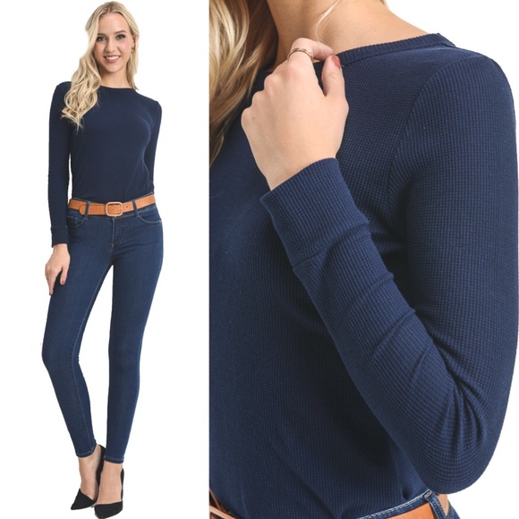 “Nan” Thermal Waffle Knit Shirt in Navy - Picture 4 of 5